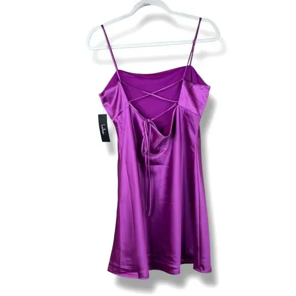 NEW Lulus Chic Allure Purple Satin Lace-Up Cowl Back Mini Slip Dress Medium - Picture 5 of 7
